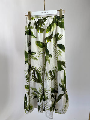Cara Cara White and Green Leaf Print Linen Skirt and Crop Top Set Size XS (UK 6)