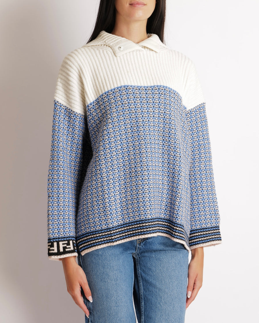 Fendi Blue and Cream Knit Cashmere Jumper with FF Logo Sleeve Details Size IT 38 (UK 6)