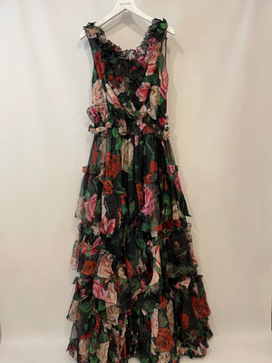 Dolce & Gabbana Black Tulle Floral Ruffle Maxi Dress Size IT 42 (UK 10)