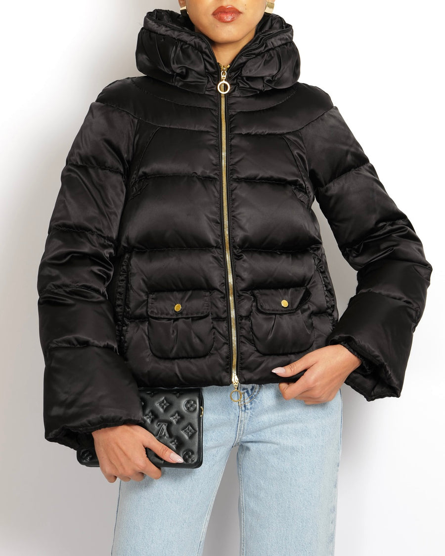 Moncler Black Puffer Jacket with Gold Zipper and Logo Buttons Size 2 (UK 12)