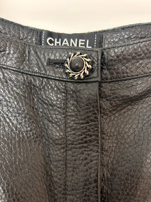 Chanel Black Skinny Pleated Leather Trousers with CC Weaved Button Detail Size UK 4-6