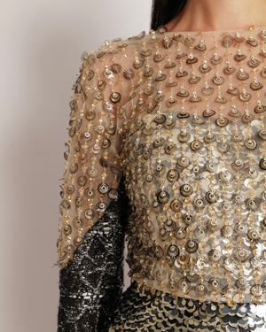 Chanel Black and Silver Metallic Tweed Long-Sleeved Mini Dress with Gold and Silver Sequin and Crystal Embellishments Size FR 36 (UK 8)