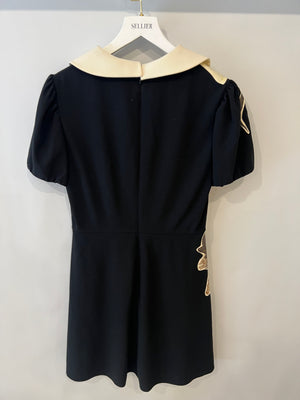 Valentino Black Short Sleeved Mini Dress with Floral Patch Detail and Cream Scalloped Collar Size IT 42 (UK 10)