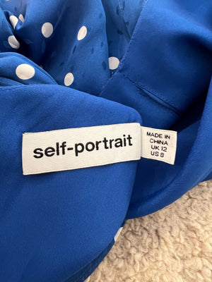 Self Portrait Blue and White Satin Polka Dot Short-Sleeved Maxi Dress with Rouching Detail Size UK 12