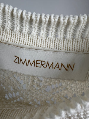Zimmermann Cream Crochet Short Sleeve Top with Pom Pom Hem Size 1 (UK 10)