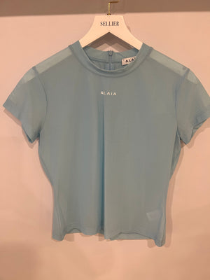 Alaia Light Blue Mesh Short-Sleeved Top with White Logo Detail Size FR 40 (UK 12)