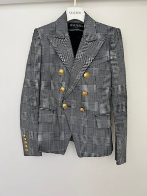 Balmain Black & White Checked Cotton Blazer with Gold Buttons Size FR 36 (UK 8)