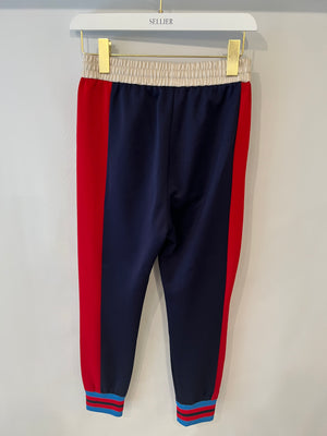 Gucci Navy, Red and Cream Track Pants with Striped Ankle Cuff Detail and Gold Metallic String Size XS (UK 6)