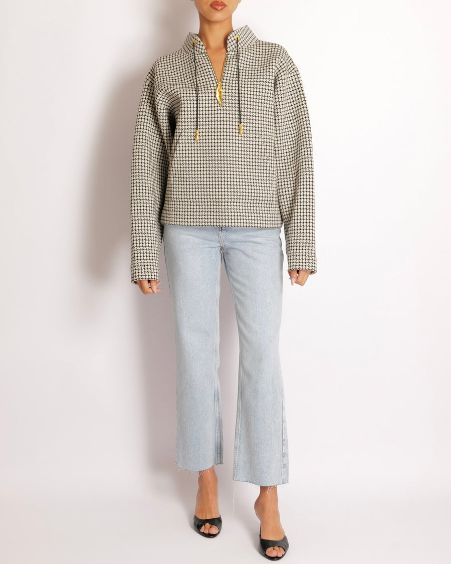 Schiaparelli Black and White Houndstooth Quarter Zip Sweater with Gold and Crystal Embellished Lip Zipper Detail Size M (UK 10)