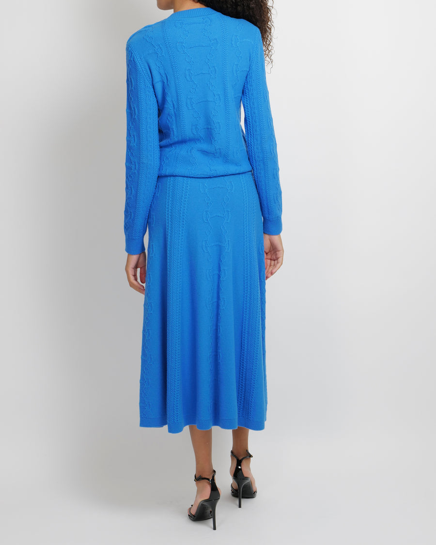 Hermès Blue Wool Knitted Midi Skirt with Embroideries Size FR 40 (UK 12)