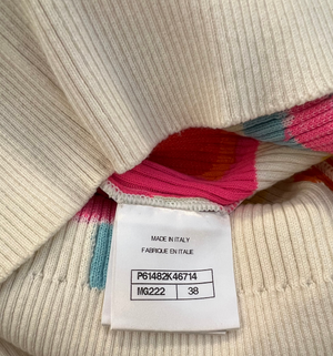 Chanel Spring 2019 White and Multi-Colour Ribbed Cardigan with Silver and White CC Logo Buttons Size FR 38 (UK 10)