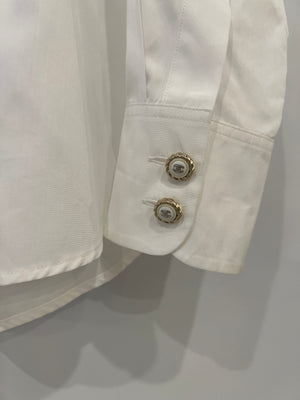 Chanel White Button Down Shirt with Gold and White CC Logo Buttons Size FR 34 (UK 6)
