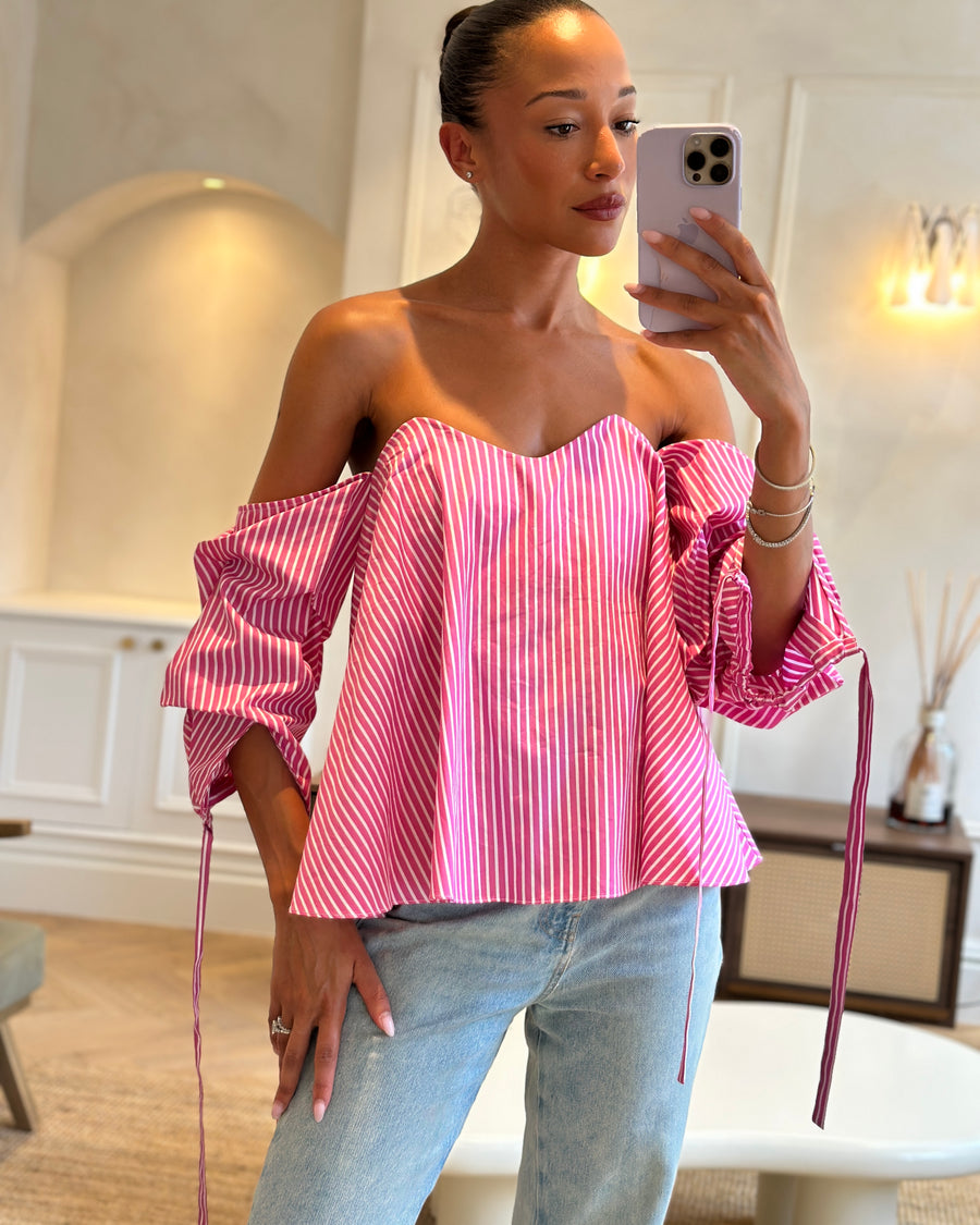 Caroline Constas Pink and White Stripe Off-Shoulder Cotton Top With Corset Detail Size S (UK 8)