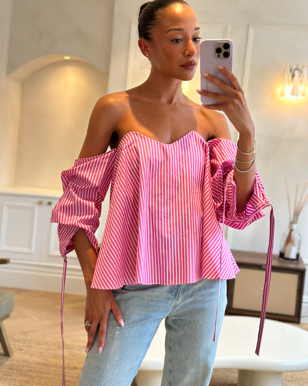 Caroline Constas Pink and White Stripe Off-Shoulder Cotton Top With Corset Detail Size S (UK 8)