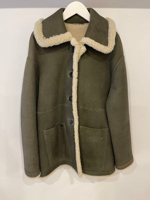 Christian Dior Khaki Shearling Coat with Embroidered Logo Size FR 36 (UK 8)