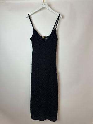 Chanel Black Metallic Tweed Straight Midi Dress with Pocket Detail and CC Crystal Clip Size FR 34 (UK 6)