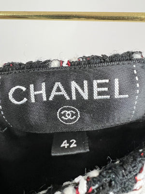 Chanel Black and White Houndstooth Tweed Jacket and Skirt Set with Orange Trim Details Size FR 42 (UK 14)