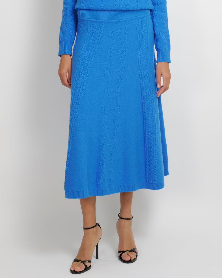 Hermès Blue Wool Knitted Midi Skirt with Embroideries Size FR 40 (UK 12)