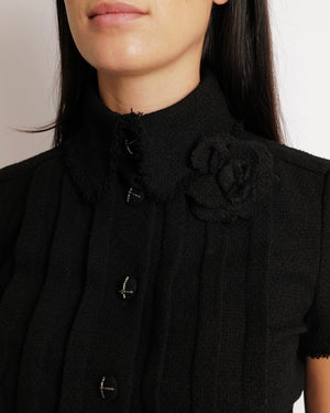 Chanel Black Wool Belted Short-Sleeved Mini Dress with Black and Silver CC Logo Buttons and Frayed Trims Detail Size FR 34 (UK 6)
