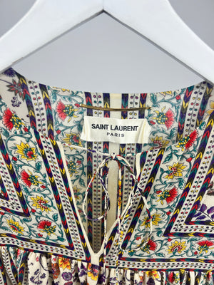 Saint Laurent Cream Silk Tunic Dress with Multi-Colour Floral Pattern Detail Size FR 36 (UK 8)