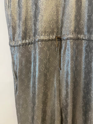 Louis Vuitton Silver Metallic Silk Jumpsuit with Monogram Logo Prints Size FR 38 (UK 10)