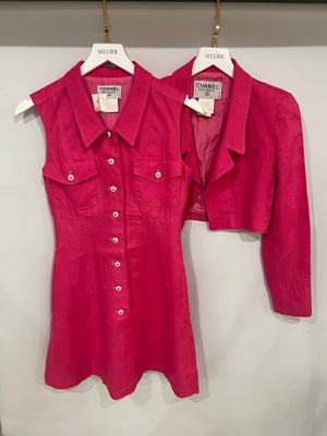 Chanel 95P Vintage Barbie Pink Linen Mini Dress and Cropped Jacket Set with Gold CC Logo Buttons Size FR 38 (UK 10)