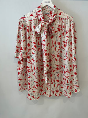 Balenciaga White and Red Printed Silk Short Sleeve Shirt with Tie-Neck Detail Size FR 40 (UK 12)