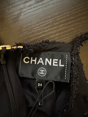 Chanel Black Metallic Tweed Straight Midi Dress with Pocket Detail and CC Crystal Clip Size FR 34 (UK 6)