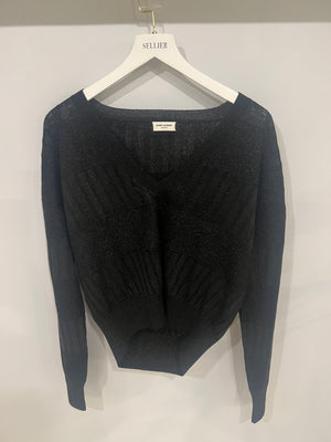 Saint Laurent Black Shimmery Panelled V Neck Jumper Size S (UK 8)