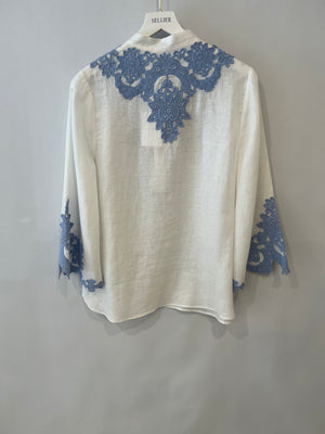 Zimmermann White Linen Raie Top with Light Blue Embroidered Lace Detail Size 2 (UK 12)