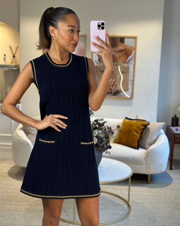 Gucci Navy Knitted Mini Dress with Gold Chain Pocket Details Size IT S (UK 8)