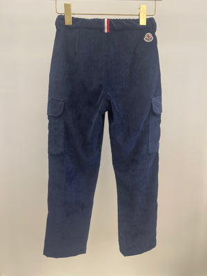 Moncler Kids Navy Velvet Corduroy Trousers with Logo Detail Size 10 years