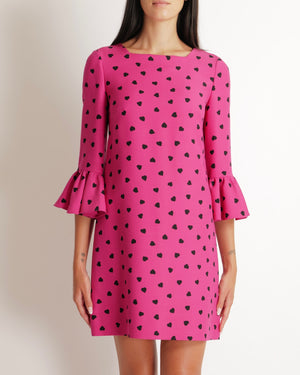 Valentino Hot Pink Heart-Printed Mini Dress with Ruffle Sleeve Details Size IT 40 (UK 8)