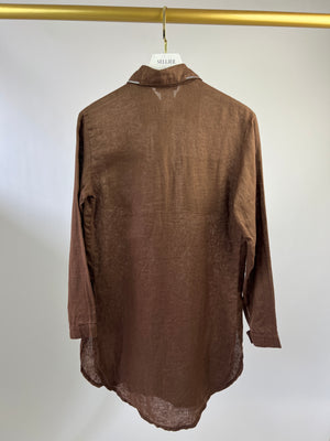 Ermanno Scervino Brown Linen Long-Sleeve Shirt Mini Dress with Crystal Collar Detail IT 40 (UK 8)