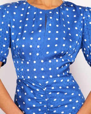 Self Portrait Blue and White Satin Polka Dot Short-Sleeved Maxi Dress with Rouching Detail Size UK 12