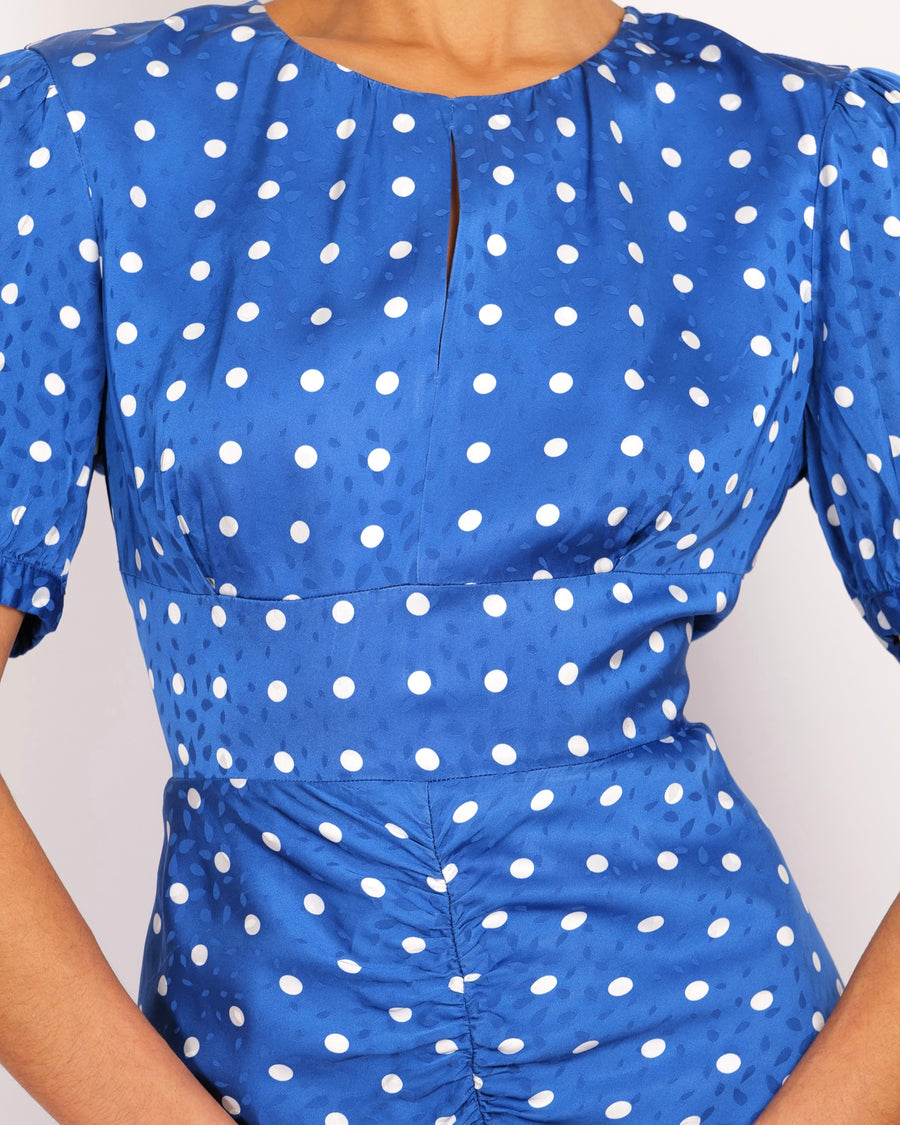 Self Portrait Blue and White Satin Polka Dot Short-Sleeved Maxi Dress with Rouching Detail Size UK 12