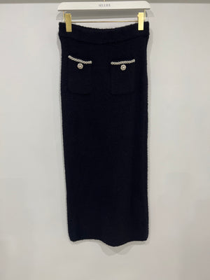 Self Portrait Navy Maxi Skirt with Pearl and Crystal Embellished Button Details Size M (UK 10)