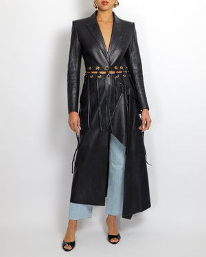 Alexander McQueen Navy Leather Fringed Trench Coat with Gold Eyelets Details Size IT 38 (UK 6)