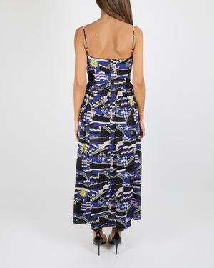 Chanel La Pausa Resort 2019 Blue, White and Black Silk Printed Sleeveless Maxi Dress with Yellow CC Logo Print Details and White Mirror CC Logo Button Size FR 36 (UK 8)
