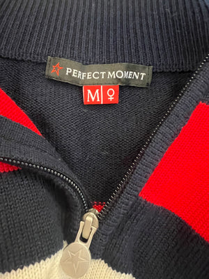 Perfect Moment Navy Wool Quarter-Zip Jumper with Red and White Stripes Size M (UK 10)