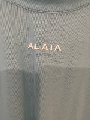 Alaia Light Blue Mesh Short-Sleeved Top with White Logo Detail Size FR 40 (UK 12)
