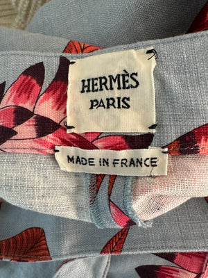 Hermès Blue and Pink Linen Floral Shorts with Tie-Up Detail Size FR 34 (UK 6)