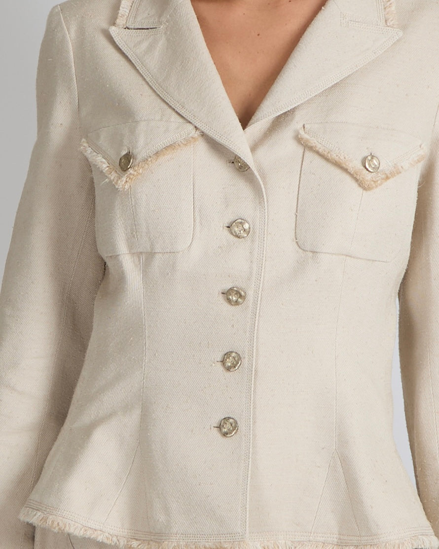 Chanel Spring 2006 Beige Silk Jacket and Skirt Set with Gold CC Logo Buttons Size FR 42 (UK 14)