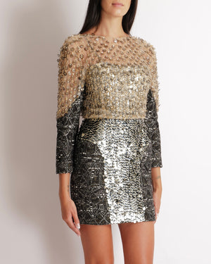 Chanel Black and Silver Metallic Tweed Long-Sleeved Mini Dress with Gold and Silver Sequin and Crystal Embellishments Size FR 36 (UK 8)