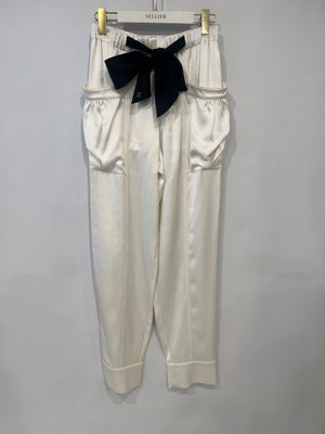 Chanel White Silk Trousers with Black Belt and Crystal CC Logo Detail Size FR 36 (UK 8)