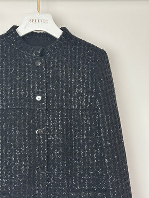 Chanel 25C Black Sequin Single-Breasted Collarless Tweed Jacket with CC Button Detail Size FR 42 (UK 14)