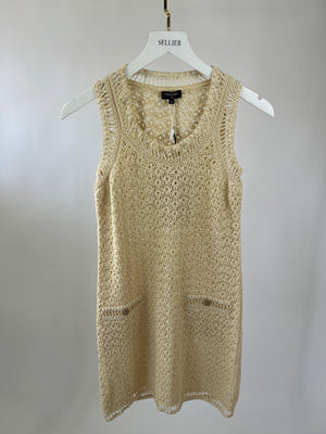 Chanel Beige Crochet Mini Sleeveless Dress with Camelia Buttons FR 36 (UK 8)