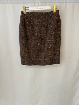 Chanel Brown Metallic Wool Midi Skirt Size FR 40 (UK 12)