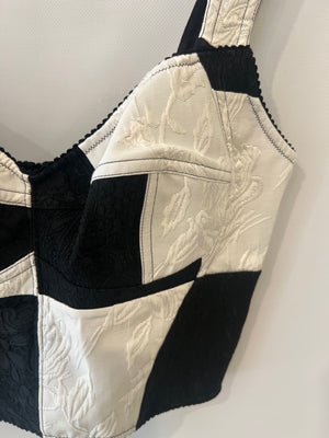 Dolce & Gabbana Black and White Checkered Corset Cropped Top with Floral Embroideries Size IT 42/44 (UK 12/14)
