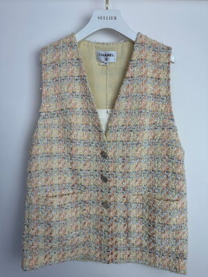 Chanel 25/P Pastel Yellow, Blue, and Pink Gilet with CC Logo Buttons Size FR 38 (UK 10)
